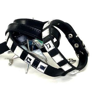 Large Square Crystal & Black Leather Collar & Leash, 13”-16”